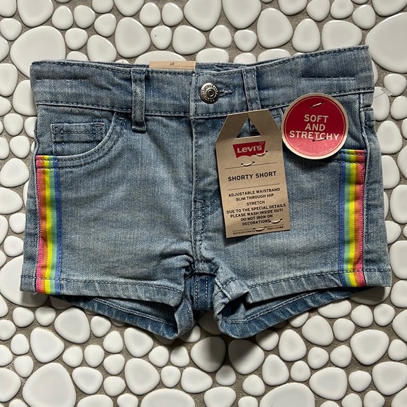 🆕 NWT Levi’s Denim Shorty Short Rainbow Tape Stripe Girls Sz 3T - Picture 4 of 10